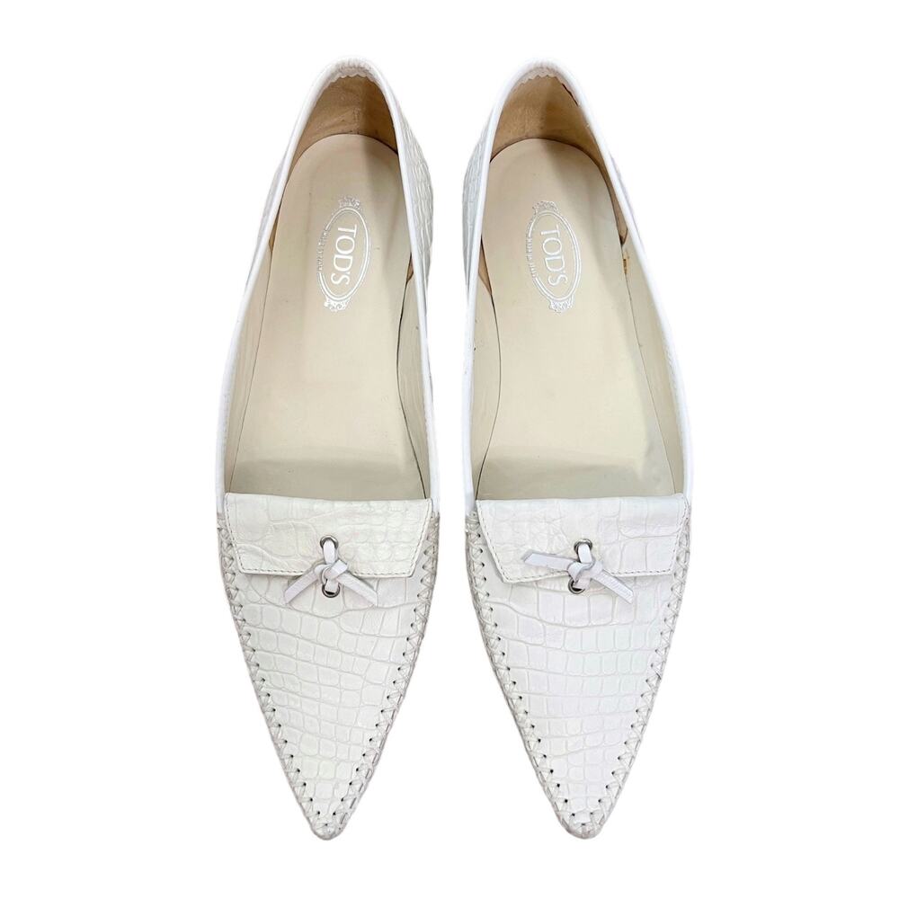 Tod's Exotic Crocodile Skin Moccassin Loafers Flats in White Size 7